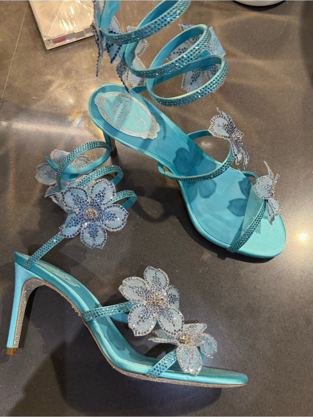 Rene caovilla Turquoise Floral Embellished Strappy Heels - Women
